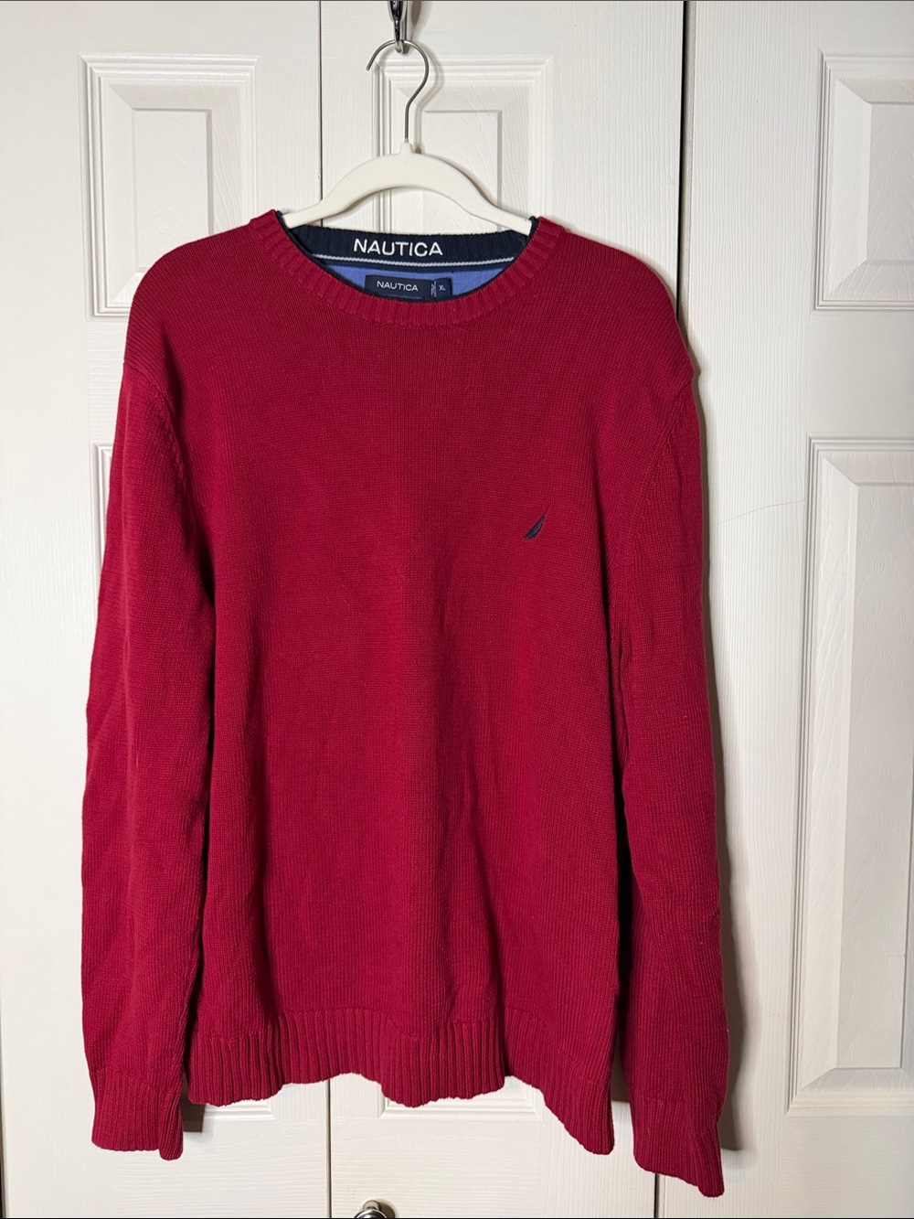 Nautica Men's Berry Red Crewneck Sweater with Embroidered Logo 100% Cotton